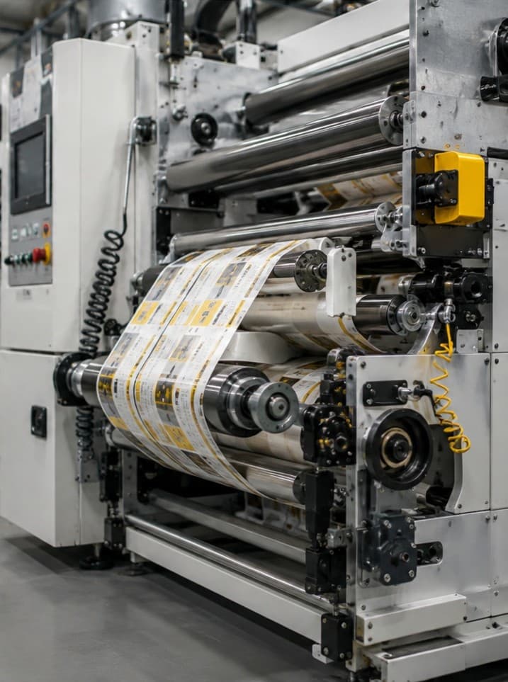 Flexographic printing press machine with running printed paper web