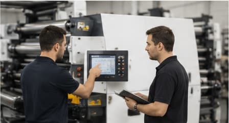 Press technicians evaluating a flexographic press control panel