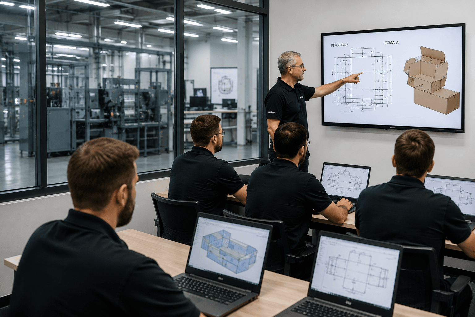 Exact training classroom scene with instructor demonstrating packaging CAD design on screen